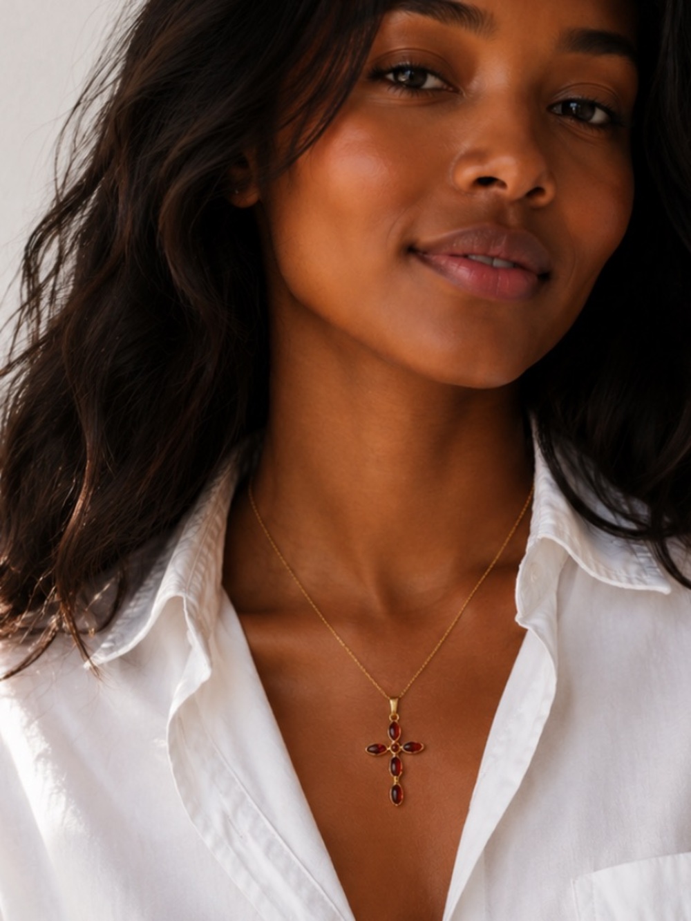New! 18K Gold Plated Wine Stone Cross Necklace (2009) NWOT